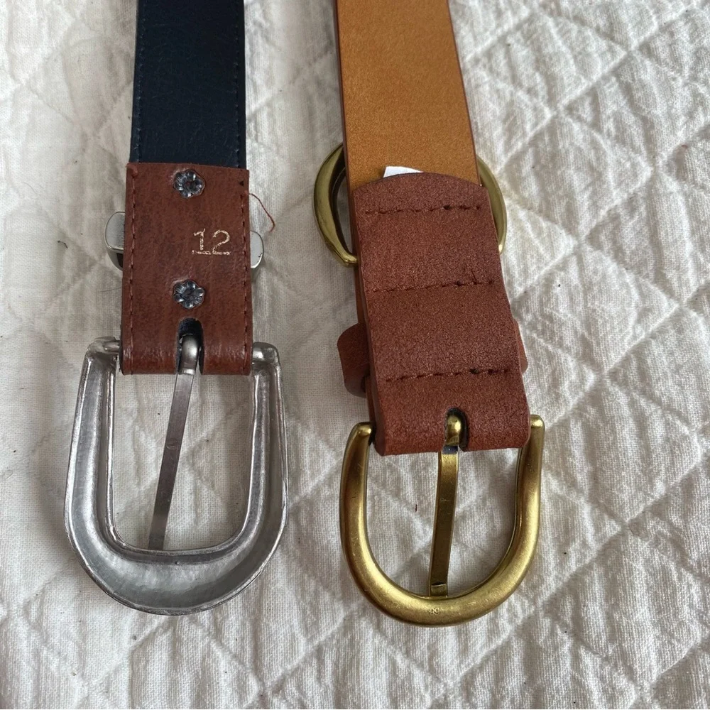 Bundle of 2 Brown Faux Leather Belts Silver & Gold Tone Buckles, 30-33” Waist